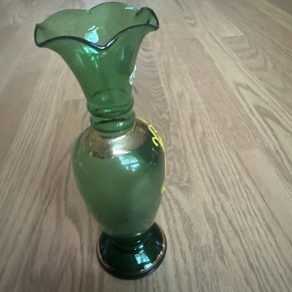 Enesco Bohemian Glass Vase Hand Painted Enamel Flowers Gilded 8 Inches VTG 1960s